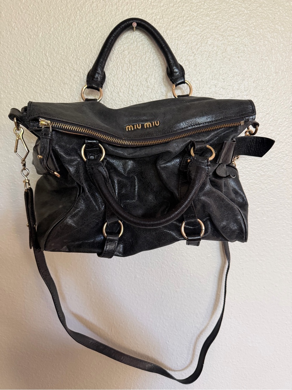 Miu Miu Black Leather Bow Satchel Shoulder Bag